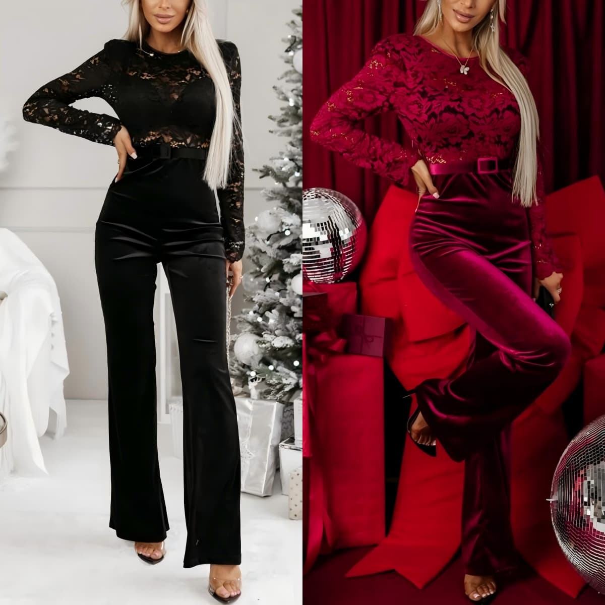 Women's Clothing Spring New Backless Slim Lace Splicing Long Sleeve Jumpsuit Women