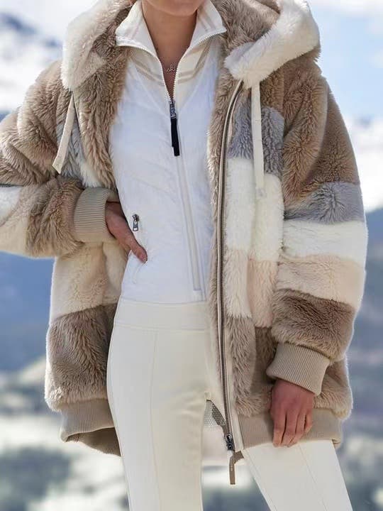 Women's autumn and winter warm plush patchwork zipper pocket hooded loose coat for women