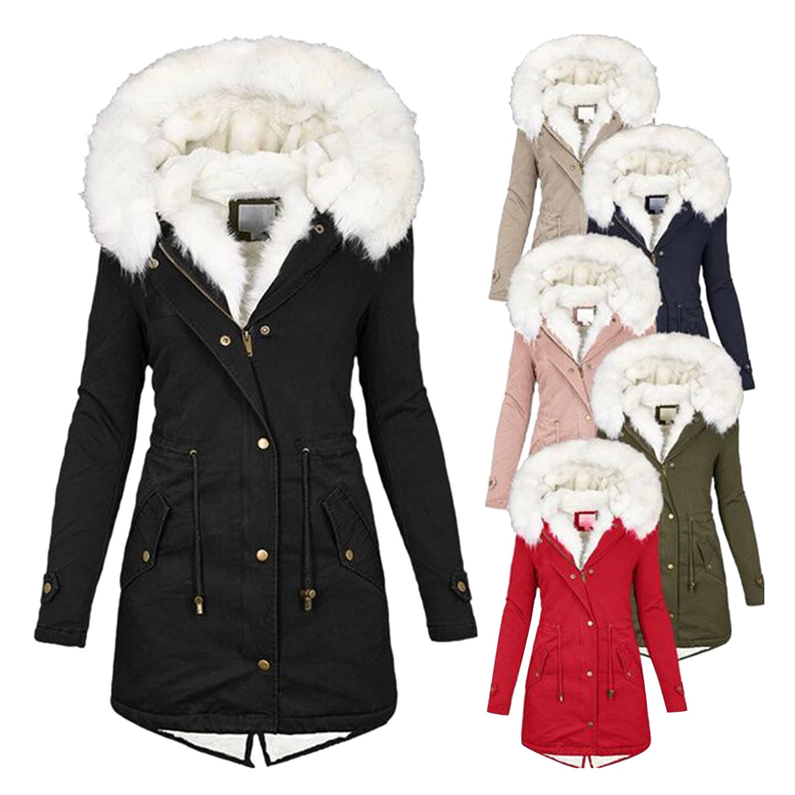 Women's Clothing New winter women's cotton coat white fur collar mid length plus velvet cotton coat waist drawstring warm coat female size