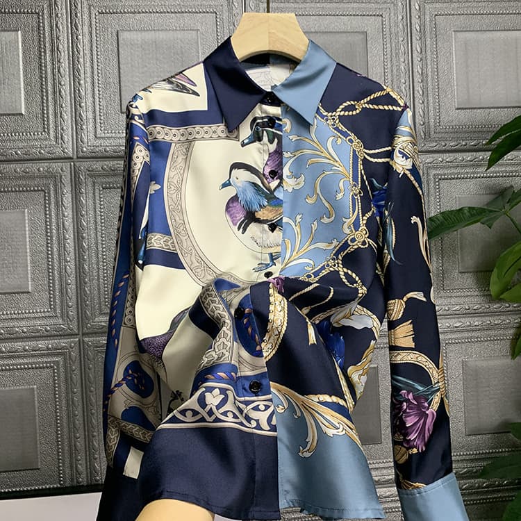 From the show to street shooting, it’s so beautiful ~ Printed imitation silk shirt