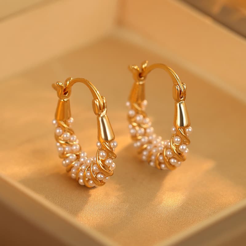 Earrings Women Golden Gem Pearl Earrings French Style Fashion Light Luxury Design Twist Pearl Bag Elegant Gentle Versatile High-End Earrings For Wome