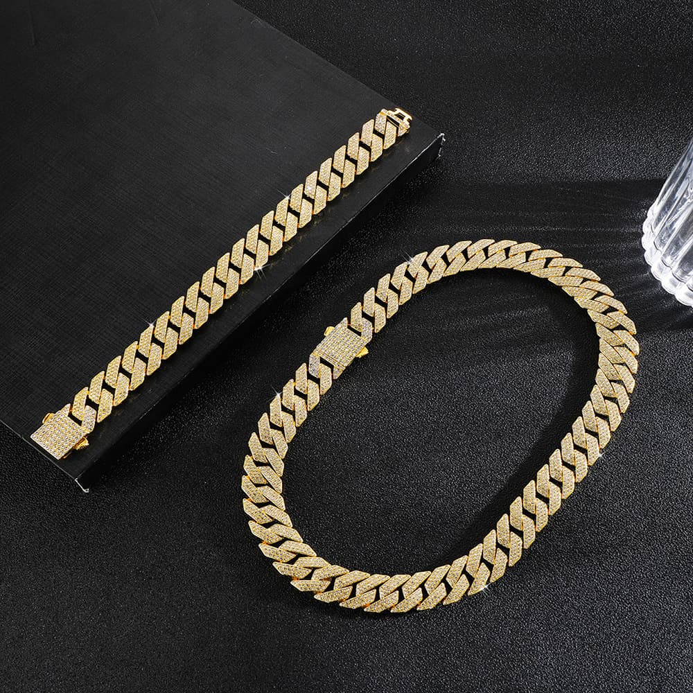 Diamond shaped Cuban necklace double row zircon trendy brand personality hip hop men's bracelet jewelry
