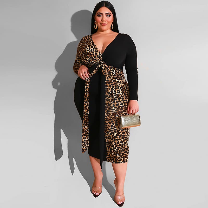 19452 Leopard Print Color Blocking Deep V Wrap Buttocks Tight Fitting With Belt Long Women's Plus Size Dresses
