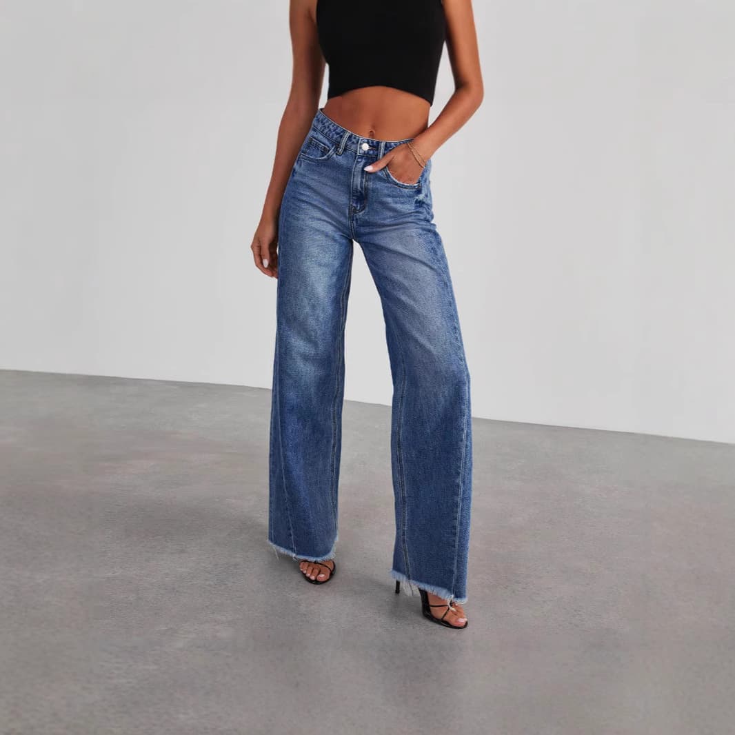Jean coupe droite décontractée pour femme - Pantalon large taille haute avec délavage classique pour une tenue décontractée et de bureau