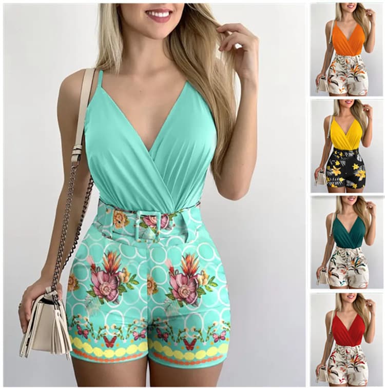 Women's Clothing new women's clothing V-neck camisole and plant print shorts set with belt