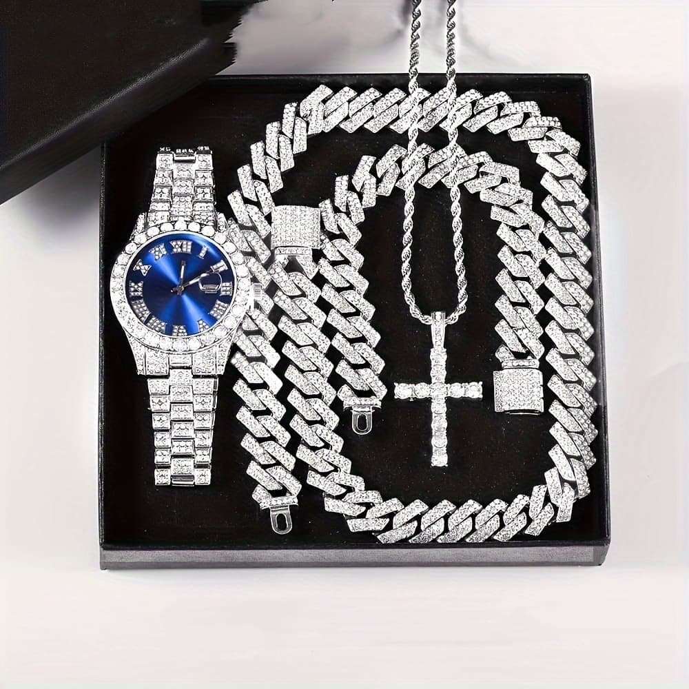 Watch Gift Set Popular Diamond Encrusted Luxury Steel Band Quartz Watch And Diamond Encrusted Hip Hop Cuban Bracelet Matching Watch