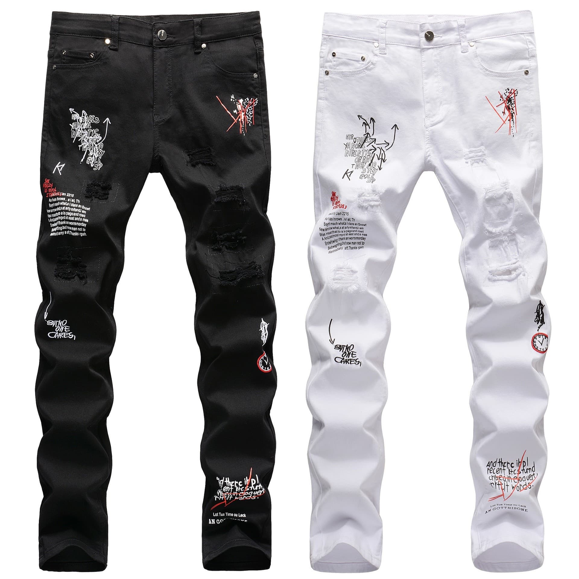 Pure European American High Street Trendy Brand Ripped English Embroidery Printed Black And White Slim Fit Small Straight Leg