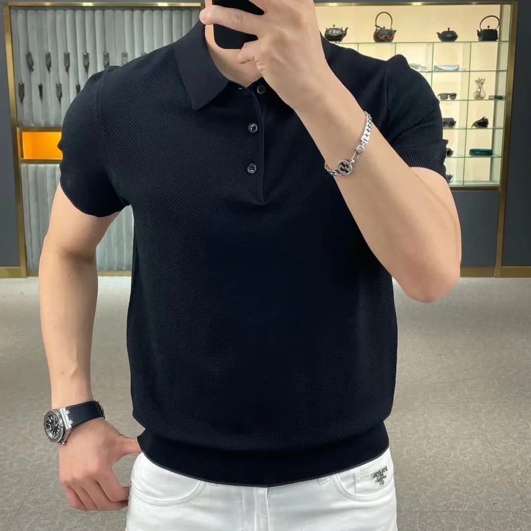 Men's Clothing Sweaters Slim Fit Polo Shirt Solid Color Thin Plaid Knit Short Sleeved Button Down Trendy V Neck Pullover Sweater