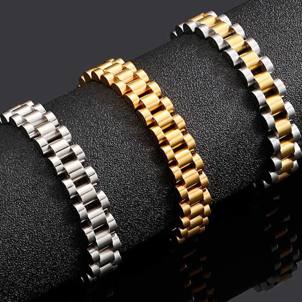 Golden Stainless Steel Men's Bracelet For Men 10MM Wide Watch Chain Ladies Female Bracelets Wholesale Boys Jewellery