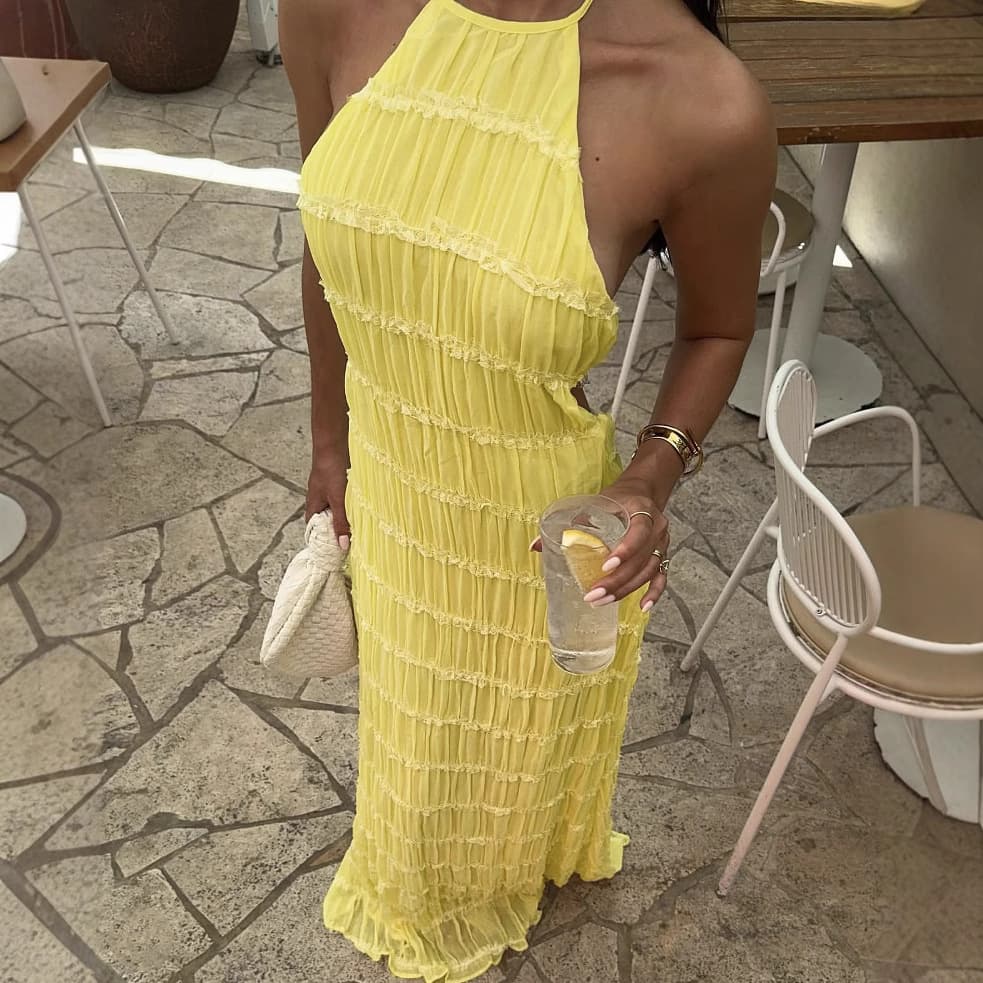 Women's Clothing Sexy Fashion Halter Neck Straps Pleated Lace Holiday Style Dress