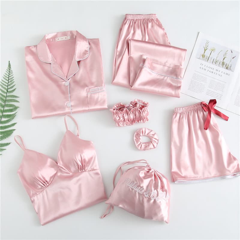 Women's Sleepwears Spring And Autumn Summer Solid Color Simulation Ice Silk Seven Piece Suit Pajamas Ladies Casual Sweet Sling Chest Pad Home Clothes