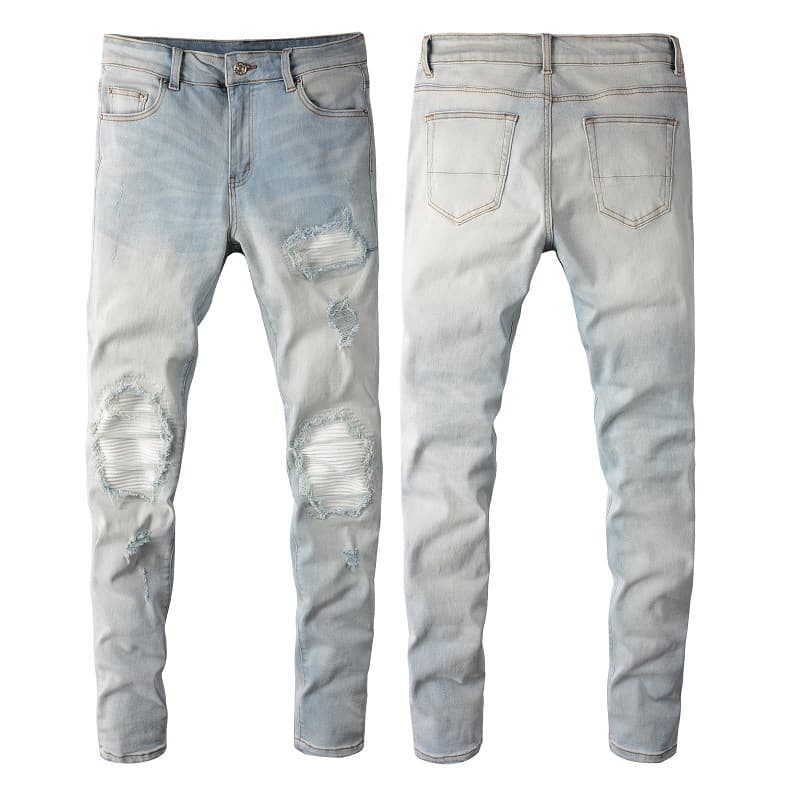 Men's Clothing Washed Cat Whisker Wrinkled Holes White Patchwork Elastic Slim Fit Skinny Jeans