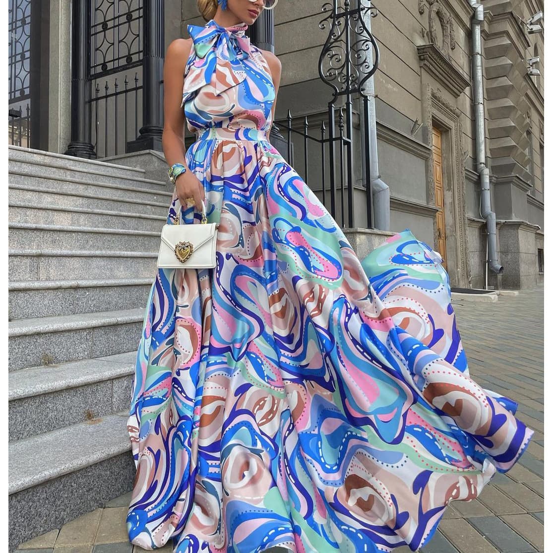Women's Clothing Long Skirt Chiffon Suspender Blue High Waist Temperament Printed Dress
