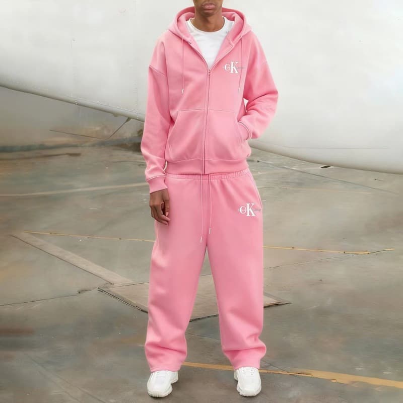 Costume décontracté ample à fermeture éclair, imprimé OK, style rétro européen et américain pour homme, collection 2026, tendance créative t