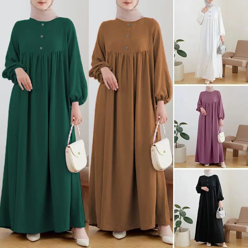In Stock Cross-Border Muslim Women's Robe Spring Summer Long Loose Casual Puff Sleeve Solid Color Wooden Button Dress