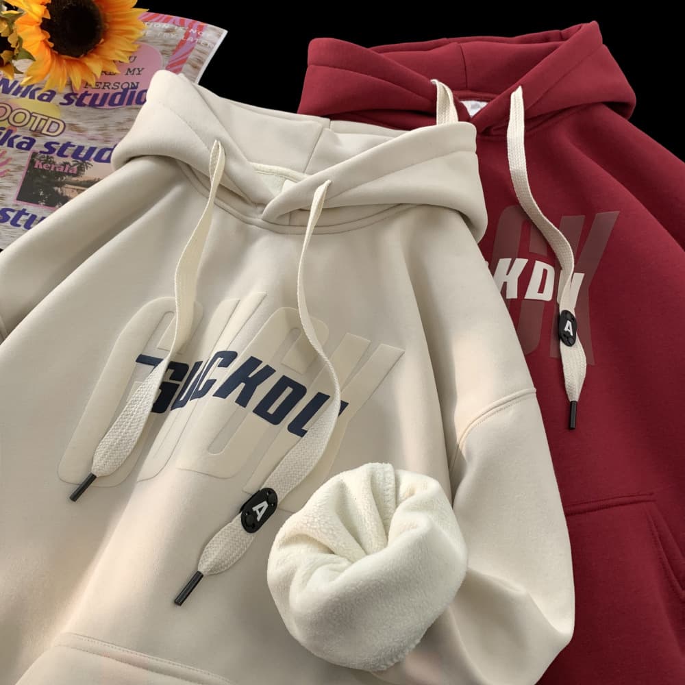 Unisex Thickened Hoodie With Print - Loose Fit Retro Streetwear Pullover For Men & Women (Black, Light Gray, Beige, Wine Red)