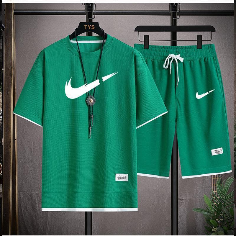 Gaufre T-shirt hommes deux pièces ensemble Couple ample mode grande taille 5/4 pantalon extérieur décontracté