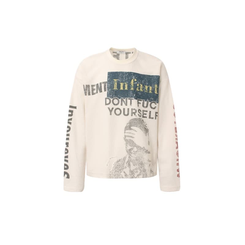 JW325 American Retro Street Trendy Men's And Women's High-end Character Pattern Design Men's Waffle Long-sleeved T-shirt