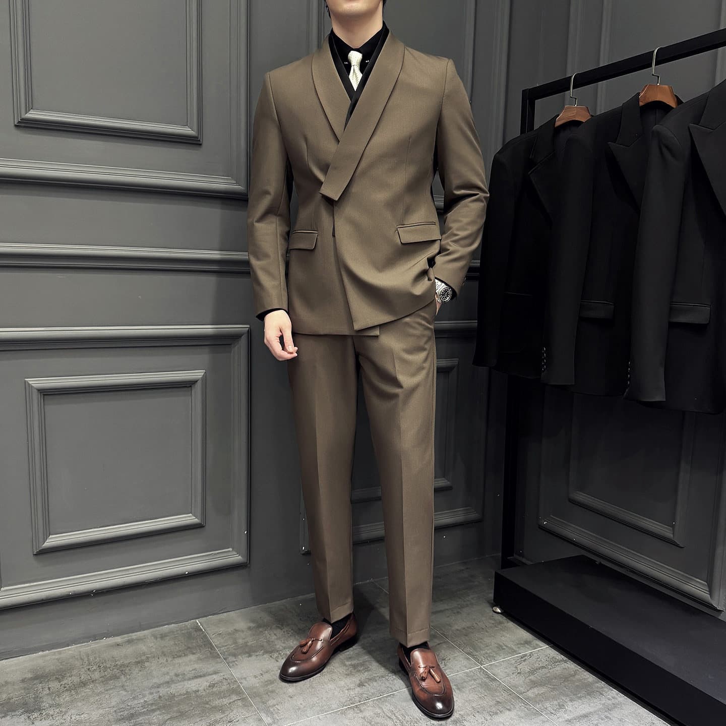 Men's Slim-Fit Tuxedo Suit Set – Shawl Collar Blazer, Vest & Dress Pants (Black, Navy, Brown) Breathable Comfort
