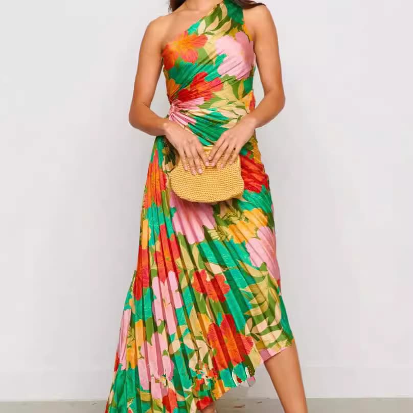 Women's Clothing Printed Oblique Shoulder Pleated Slim Sexy Irregular Dress
