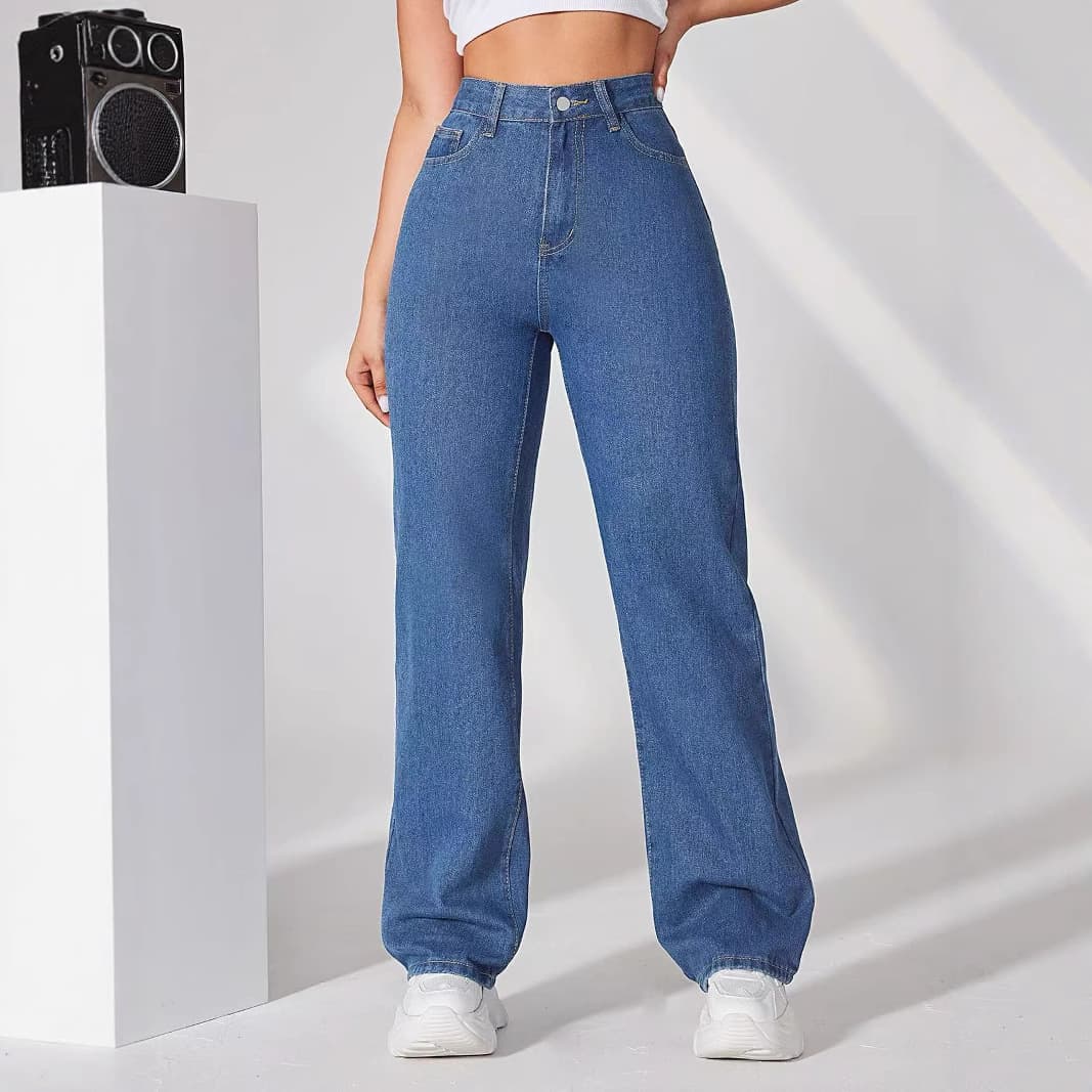 Jean droit taille haute – Bleu marine classique, coupe ajustée (XS-5XL)