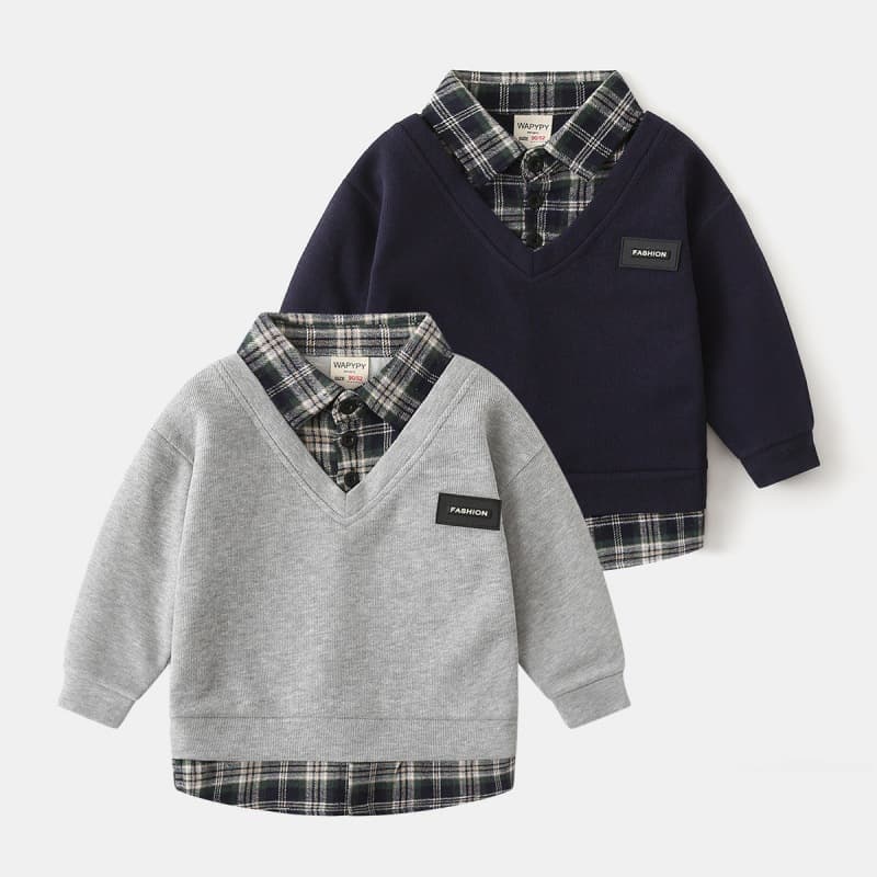 Children's Fake Two Piece Sweatshirt Wholesale 2025 New Korean Version Boy Baby Shirt Collar Splicing Sweatshirt One Piece Drop Shipping