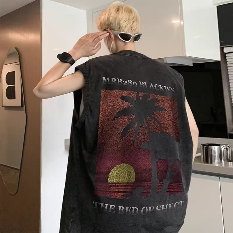 Men's Summer American style 240g pure cotton washed distressed vest men's trendy loose basketball sports waistcoat sleeveless T-shirt