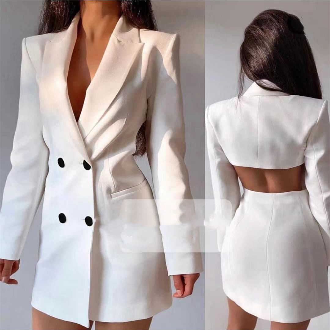 Women's Backless Double-Breasted Blazer Dress – Office-to-Evening Stretch Polyester Midi Dress (S-XL) – White/Black/Red For Business Chic & Night Out