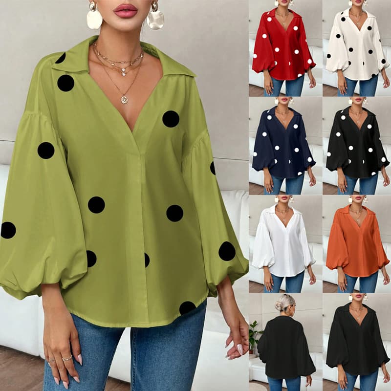 Women's Chic French Polka Dot Top Half Open Collar Loose Fit Long Sleeve Niche Style Fashion