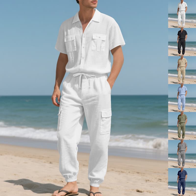 Men's Loose High End Hip Hop Workwear Sports Casual Trousers Linen Beach Short Sleeved Shirt Suit
