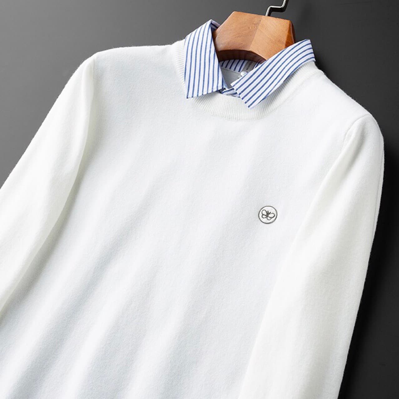 Men's Clothing Thin Striped Shirt Collar Splicing Two Piece White Sweater Men's Slim Business Casual Sweater