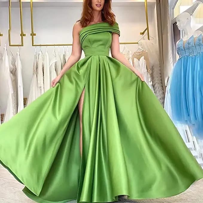 Women's Clothing one shoulder satin dress evening dress birthday party tutu skirt green high split sexy robe