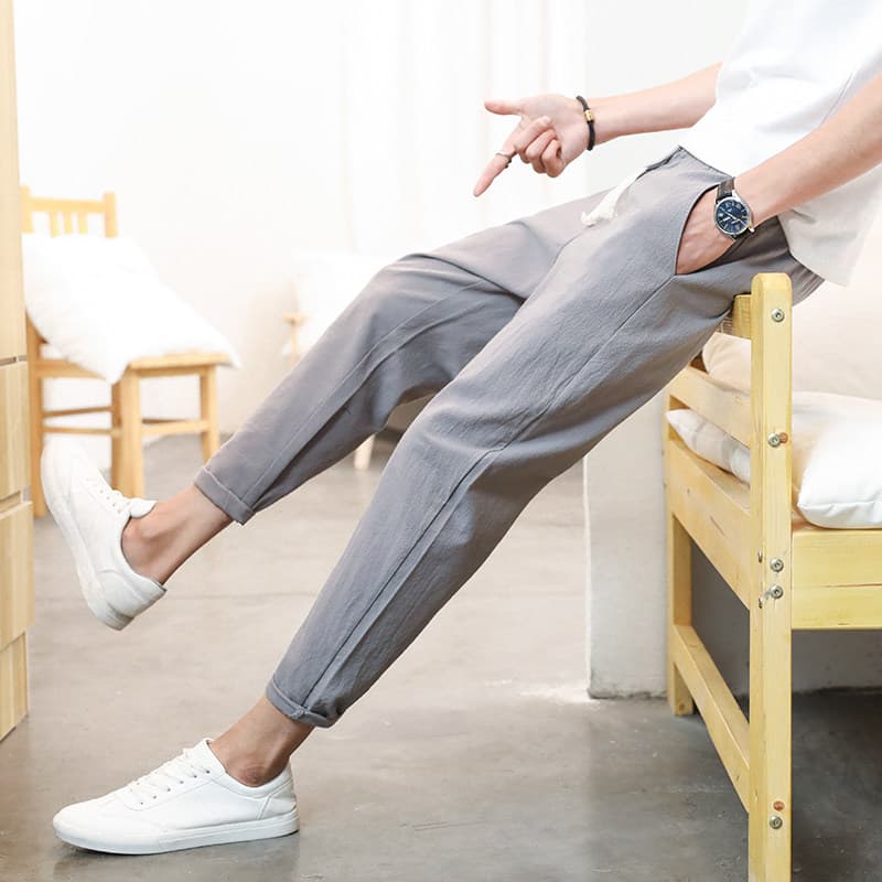Men's Slim Fit Cropped Linen Sweatpants Spring Summer Harem Pants Casual Drawstring Skinny Trousers
