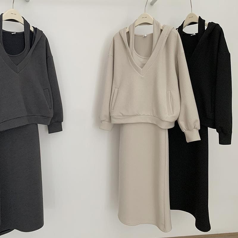 Women's Clothing autumn and winter suit skirt loose hooded halter dress loose sweater jacket casual fashion two piece suit for women
