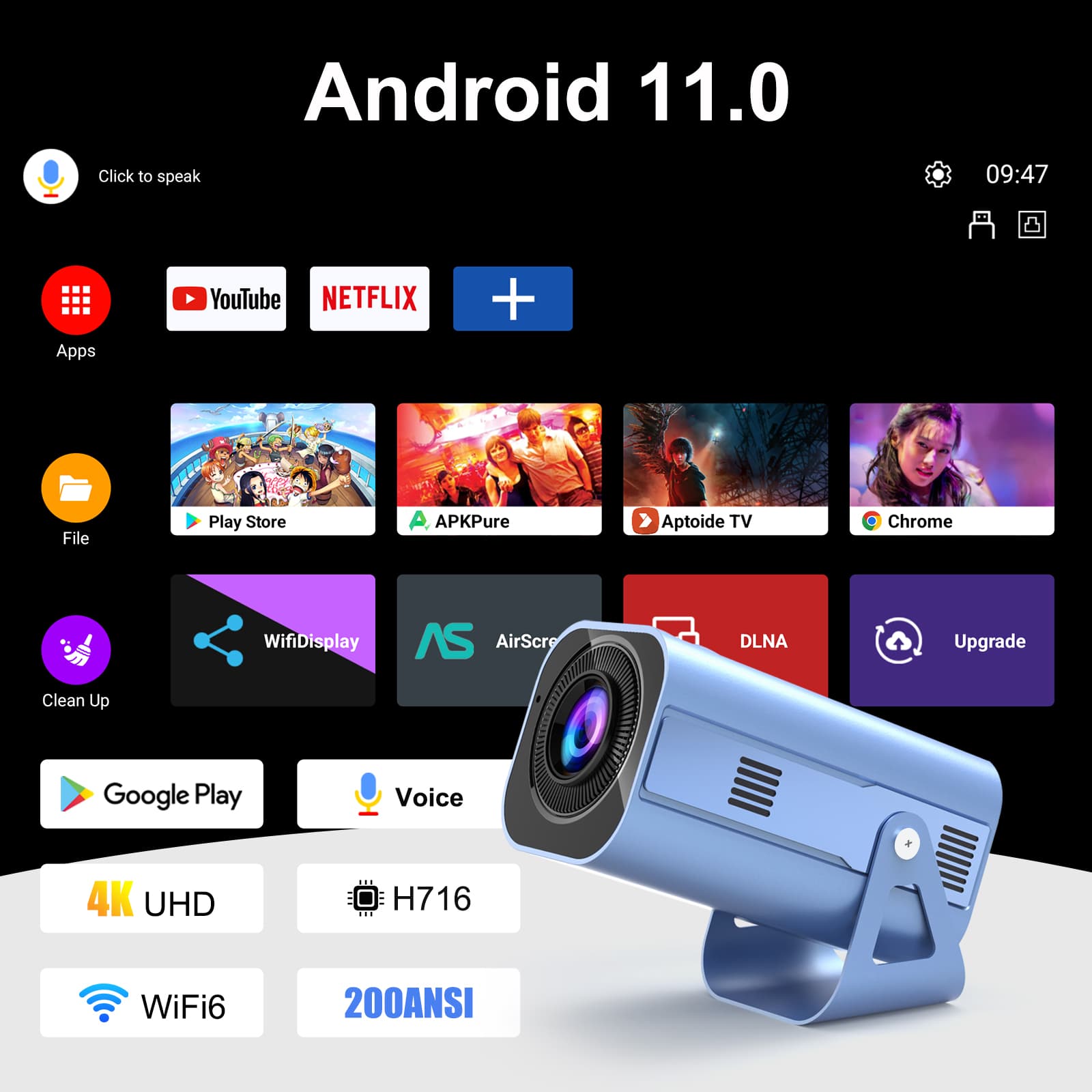 H96 MAX Projector B11 4K Android11 Dual Wifi6 200ANSI Allwinner H716 2GB 16GB BT5.0 1080P 1280*720P Home Cinema Outdoor