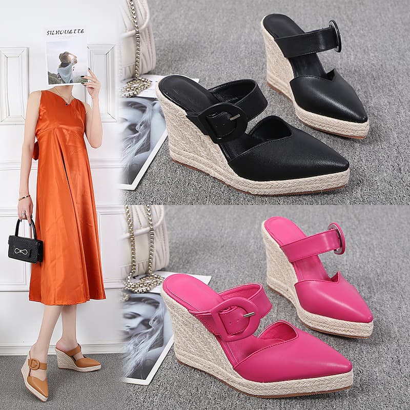 Women's Shoes New Summer Wedge Heel Thick Soles Baotou Slip On Shoes For Women With One Line Buckle High Heels Straw Braided Rope Soles Large Size