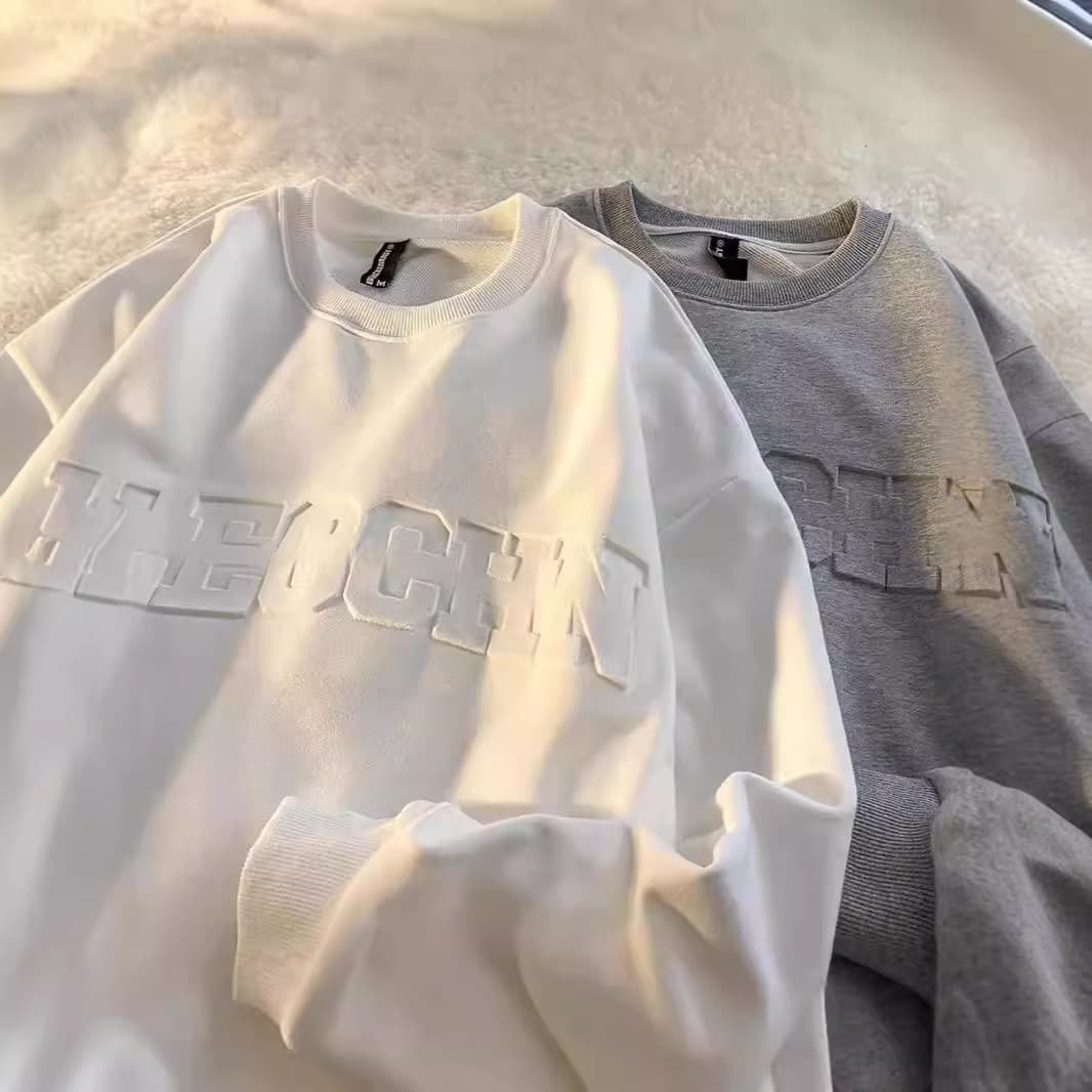Men's Clothing 3D printed three dimensional letters long sleeved sweatshirt men's round neck spring and autumn loose couple no hat white top