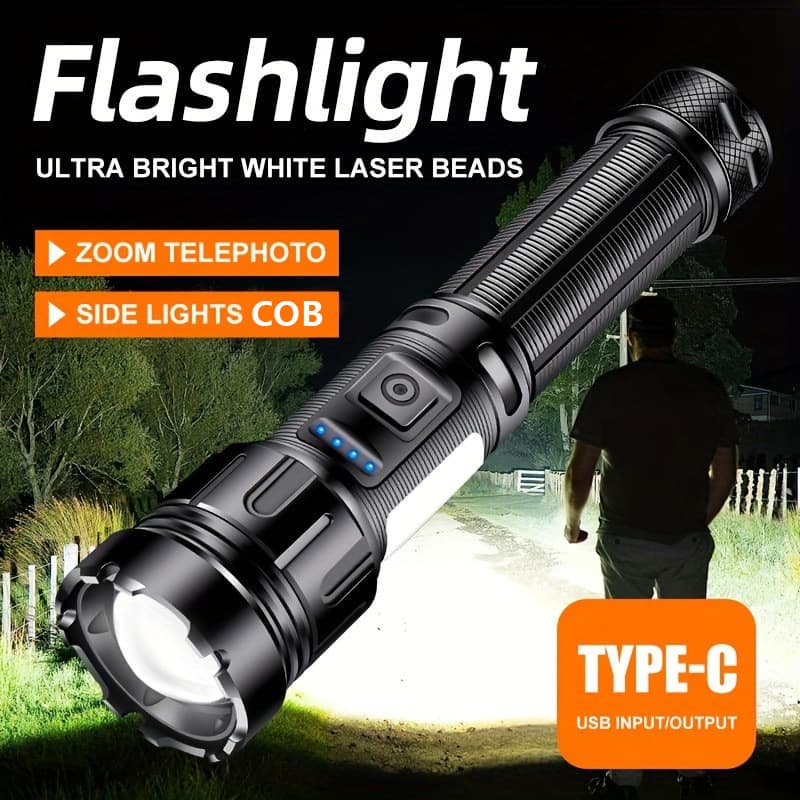 Strong light telescopic zoom flashlight Type-c charging multi-function outdoor lighting COB side light with magnetic absorption
