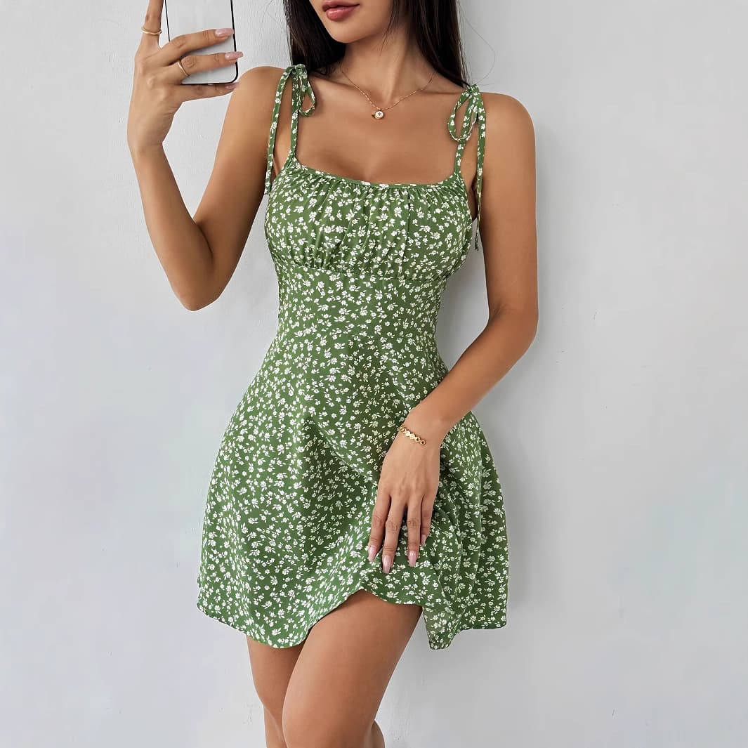 Women's Clothing Floral Print Dress Backless Lace Up Sleeveless Suspender Dress