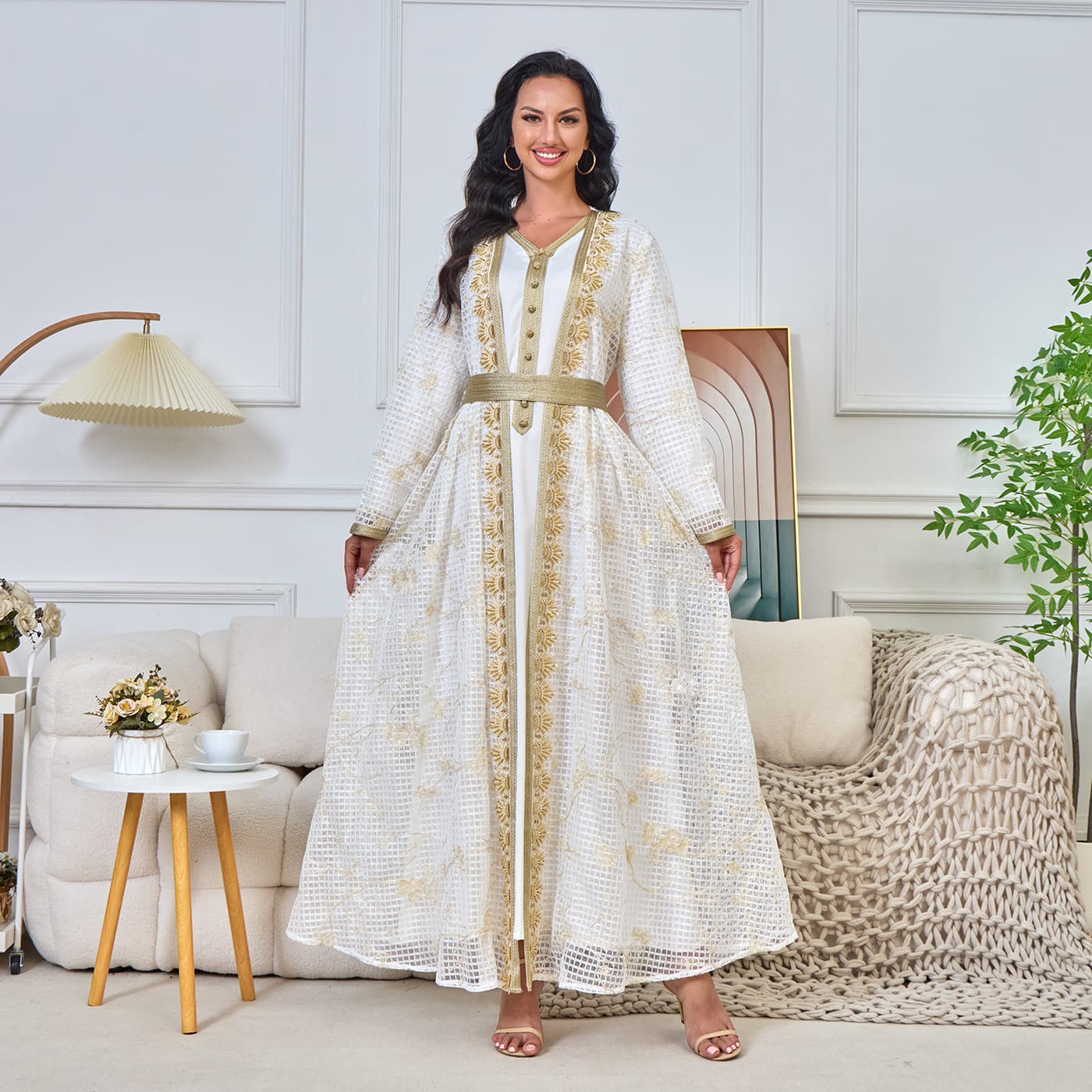 Women's Clothing Two Piece Embroidered Beaded Lace Robe Abaya Dubai Women's Long Skirt