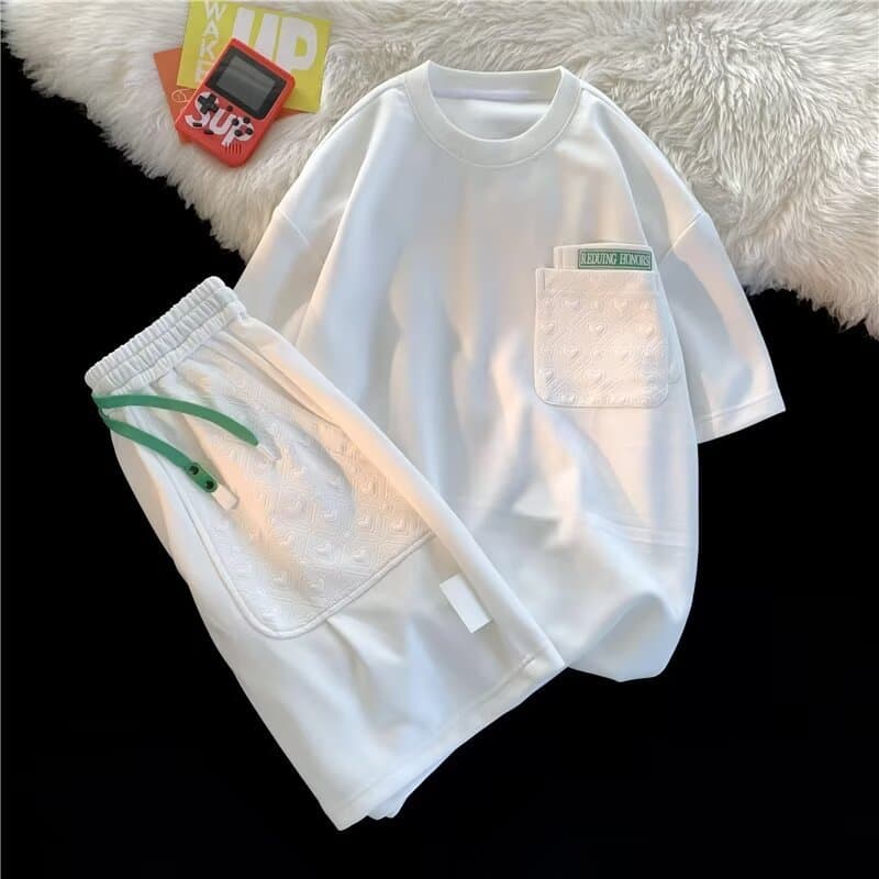 Unisex Couple Outfit 2026 Summer Hong Kong Style Heart Print Short Sleeve T-shirt Set Loose Fit Black Blue Basic Casual Clothing
