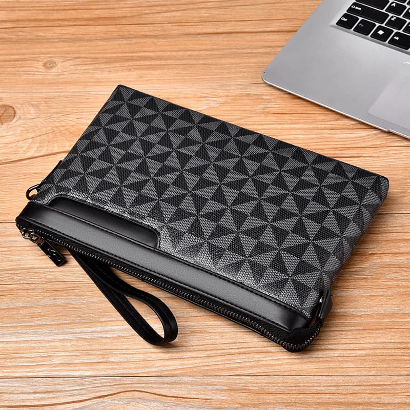Fashion Business Men's Clutch Bag With Printed Zipper, Large Capacity, Multifunctional Envelope Bag With Geometric Pattern Design