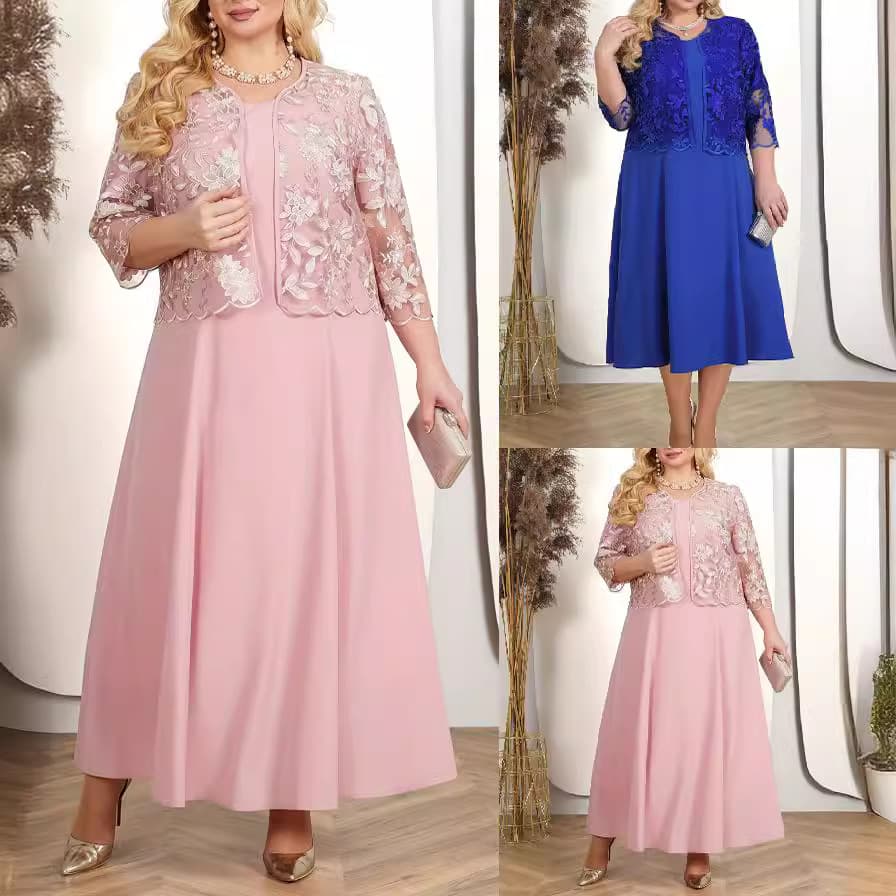 Spring/summer New Plus-size Women's Dress 2-piece Mosaic Embroidered Lace Cocktail Dress