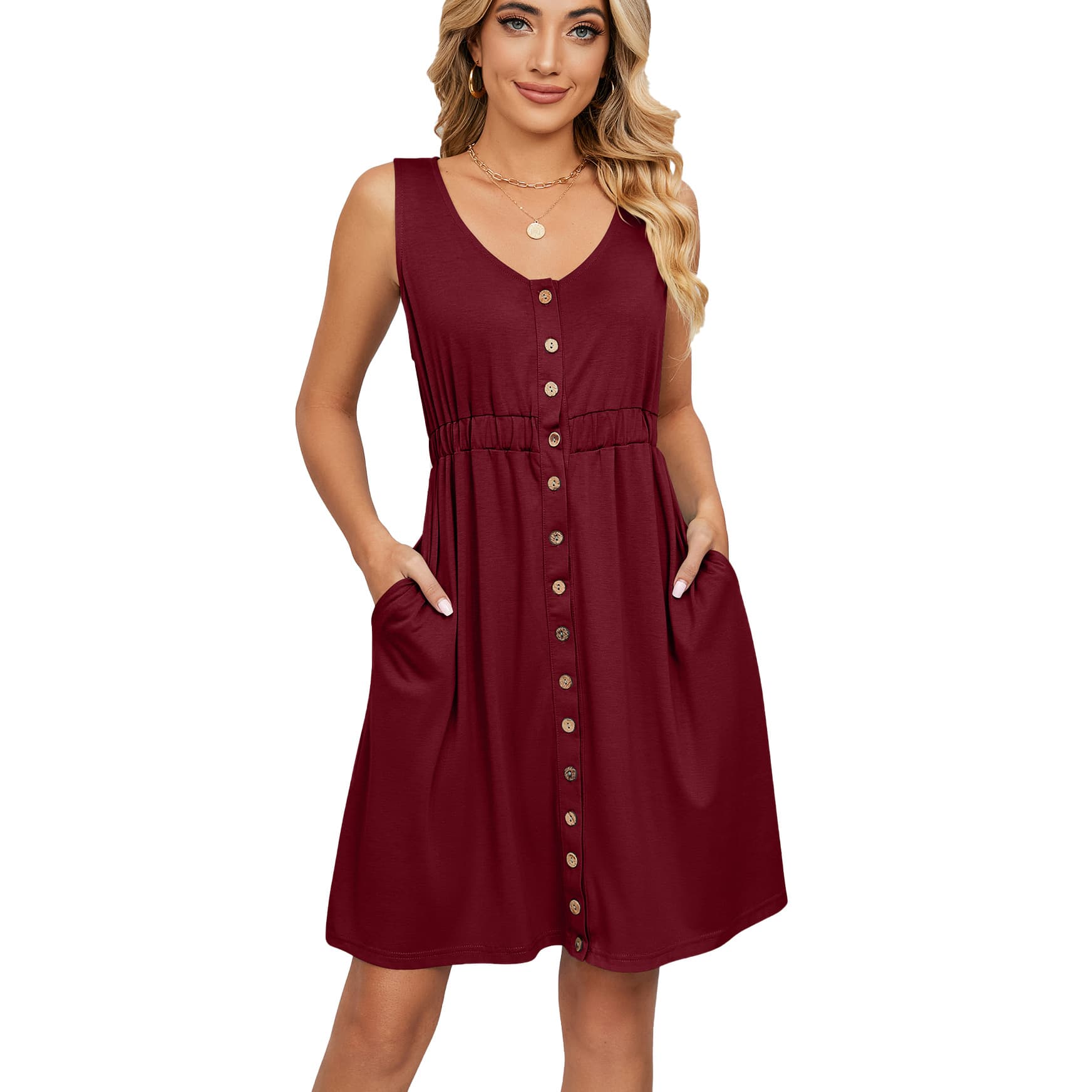 Women's Clothing Casual Solid Sleeveless Button Pocket Round Neck Split Waist Dress