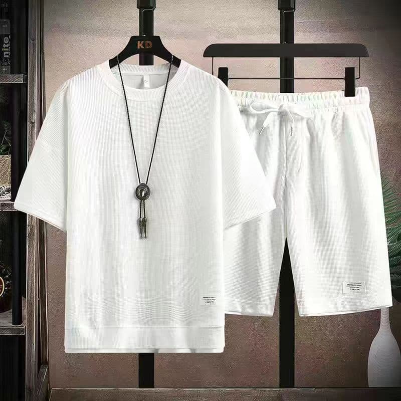 Men's Waffle Short-Sleeved T-Shirt Sports Casual Suit Men's Complete Set Loose T-Shirt Shorts Two-Piece Suit