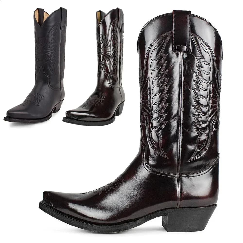 Mens Western Cowboy Winter Leather Embroidered High Boots Couple Shoes Lightweight And Comfortable Plus Size 35-48
