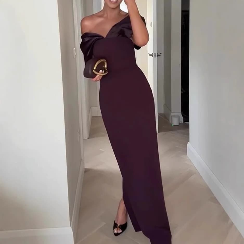Women's Clothing Solid Color Satin Panel Dress Elegant Contrast Seamless Bodycon Midi Dress For Evening Occasions
