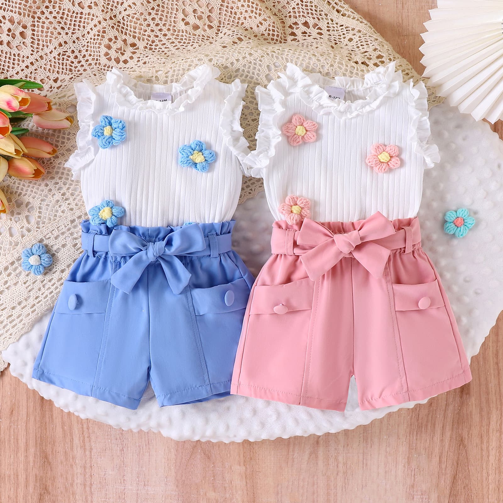 Adorable Girls' 2-Piece Set – Floral Sleeveless Top + Solid Shorts (6M-4Y, Soft Cotton, Summer Outfit)