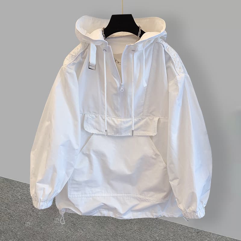 Trendy hooded jacket for men and women, trendy high street loose workwear splicing, niche design windbreaker
