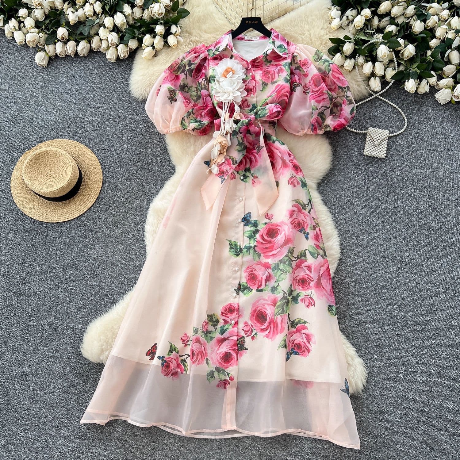 French-Inspired Floral Print Dress – Tiered Tulle Skirt With Corset Lacing & Lantern Sleeves (S-XXL)